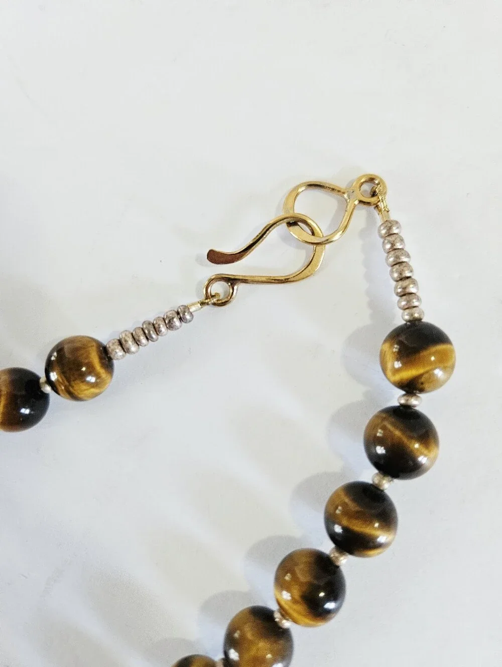 Vintage Tigers Eye Chatoyant Sterling Silver Clasp Long Round Beaded Necklace